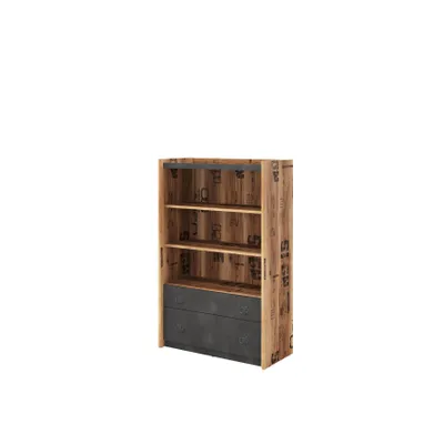 Image de MINIO, étagère FARGO 5, avec 2 tiroirs et 2 étagères, en épicéa alpin et acier brut, dimensions : 90 cm