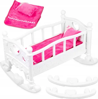A white doll's cradle with pink bedding, shown on a white background.
