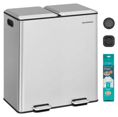 Image de Poubelle à deux compartiments – Système de fermeture douce – Pédale – Acier inoxydable – 58,5 x 37 x 64 cm