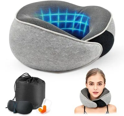 Zdjęcie produktu dla Poduszka ortopedyczna Unyqoos® z pianki memory – zapewnia 360° wsparcia dla głowy i brody, waży 0,3 kg, jest składana, w zestawie maska na oczy, zatyczki do uszu i pokrowiec do przechowywania