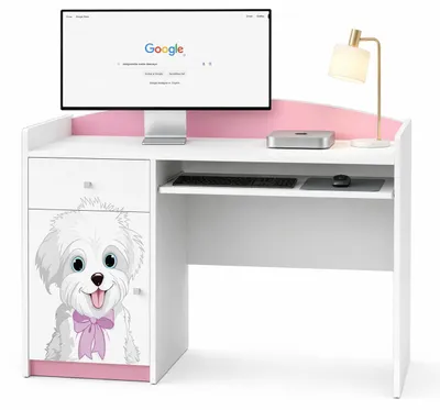 Immagine prodotto di Scrivania per computer per bambini rosa | Scrivania per studenti in colori pastello | Scrivania compatta con cassetto porta tastiera per la cameretta delle bambine, con motivi di cagnolini