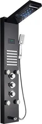 Obrázok produktu pre Linuode luxusný čierny / kartáčovaný kúpeľňový LED sprchový panel vežový systém nástenná batéria ručná sprcha SPA masážny teplotný displej, 8004 čierna