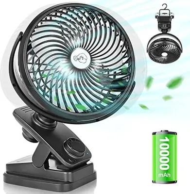 Produktbild von Oszillation Tischventilator 10000mAh Mini USB Ventilator Stufenloser Geschwindigkeit, Leise Clip Fan mit LED Licht, Tragbare Hängehaken Camping