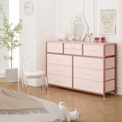 Image de Commode en tissu avec 10 tiroirs, structure en acier rose, plateau en bois