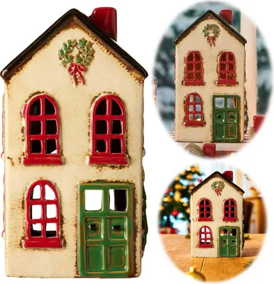 Produktbild von Teelichthaus Lichterhaus Nyhavn 19cm Beige Rot Keramik Fachwerkhaus Teelichthalter