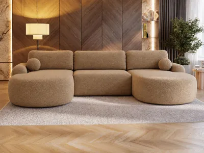 Produktbild von GrainGold Ecksofa U-Form Aurio - Ecksofa mit Schlaffunktion, Bettkasten - Moderne Ecksofa, Wohnzimmer Sofa - Eckcouch mit Bouclé-Stoff - Hellbraun