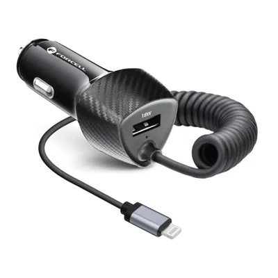 Zdjęcie produktu dla Ładowarka samochodowa FORCELL CARBON USB QC 3.0 18W + kabel iPhone złącze 8-pin PD20W CC50-1AL Czarny (Łącznie 38W)
