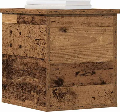 A cube-shaped storage box made of reclaimed wood is shown against a white background.