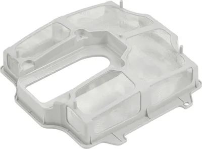 A white plastic filter cover for a pool cleaner.