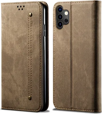 Produktbild von Galaxy A32 4G Hülle, LaimTop Denim Leder Brieftasche Magnetverschluss Flip Bookstyle Schutzhülle mit Standfunktion für Samsung Galaxy A32 4G Khaki
