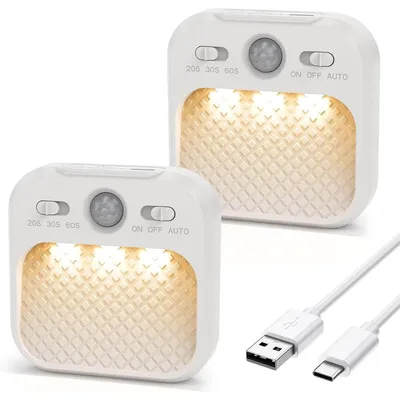 Produktbild von LED Bewegungsmelder Nachtlicht 2er Set 8×8cm USB-C 600mAh 3 Farbtemperaturen dimmbar 10–100% magnetisch für Flur Küche Schrank