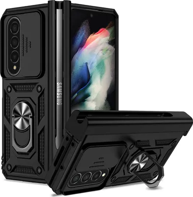 Produktbild von Galaxy Z Fold4 Hülle mit Schiebe Kamera Schutz und Ringhalter Ständer Robust Rüstung Schutzhülle für Samsung Galaxy Z Fold 4 5G Schwarz