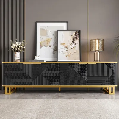 Image de Merax Armoire TV 4 portes en MDF, Buffet TV avec façade géométrique 3D, support TV avec espace de rangement et gestion des câbles, noir + or
