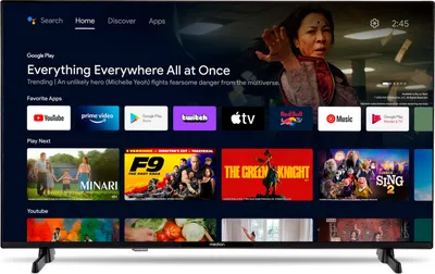 A television screen displaying a smart TV interface with various apps and movie posters.
