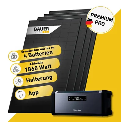 Produktbild von 1860 Watt, Bifazial Komplettset mit Hoymiles HiBattery 1920 AC, Halterung Garten/ Flachdach und 5 m AC-Anschlusskabel