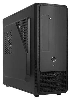 A black computer tower case is shown from a front-side angle against a white background.