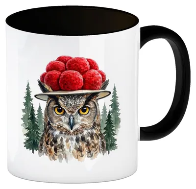 Produktbild von Uhu mit Bollenhut Kaffeebecher in schwarz Schwarzwald Motiv