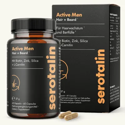 Produktbild von serotalin® Active Men Hair & Beard Kapseln | Haar Vitamine für Männer | Hochdosiertes Biotin | Mit Zink, Selen, Niacin, L-Carnitin, Silica & Vitamin C