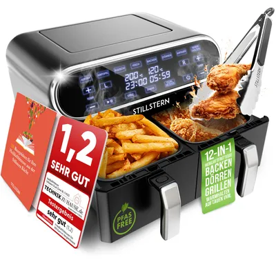 Produktbild von Stillstern Dual Zone Heißluftfritteuse 8L (für 1-8 Pers), 2400W, Ausgezeichnet 1,2 (Sehr Gut), 55-200°C, Shake-Funktion, 120 Rezepte (DEUTSCH), 8 Programme, Dörren, Auftauen&Warmhalten, Air Fryer