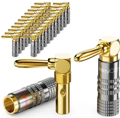 Produktbild von deleyCON 24 Stück Bananenstecker Set 90° Gewinkelt - Vergoldet Schraubbar für Lautsprecherkabel Boxenkabel 0,75 mm - 4,5 mm & z. B. HiFi Heimkino Receiver