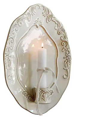 Produktbild von Wandkerzenhalter Verena, handgefertigt, mit schönen Ornamentverzierungen, romantischem Charme, geeignet für Stabkerzen, Kerzenständer, Dekoration, Steingut, antikweiß