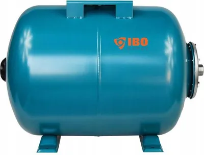 A blue horizontal pressure tank with the IBO logo on it, resting on two blue feet.
