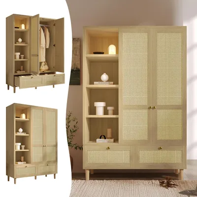 Zdjęcie produktu dla Szafa z 2 drzwiami i 2 szufladami, 120 x 180 x 50 cm, szafa w stylu rustykalnym, imitacja dębu z plecionką rattanową, drążek na ubrania i 4 przegródki, kolor biały/dębowy