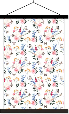 Produktbild von MuchoWow® Textilposter Blumen - Schmetterling - Pastell 60x90 cm mit schwarzem Rahmen - Poster Wohnzimmer