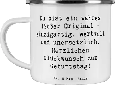 Produktbild von Mr. & Mrs. Panda Emailletasse Spruch 1963 Geburtstag - Weiß - Geschenk, Emaille Tasse, einzigartig, unersetzlich, Haferl, becher, Teetasse, feiern, Campingtasse, Pott