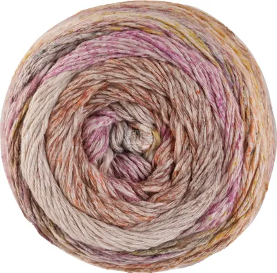 A ball of yarn with a variegated color pattern.