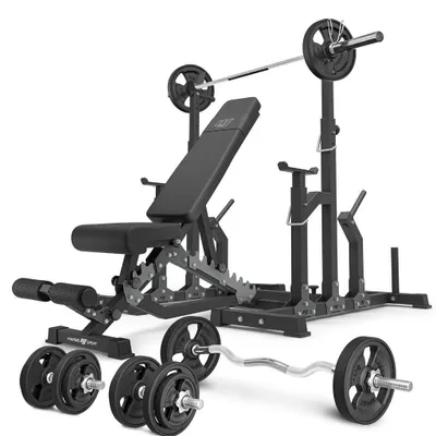 Image de Ensemble MS2_2.0_83KG_G | Banc double face + supports réglables + ensemble de barres et disques d'haltères caoutchoutés 83 kg - Marbo Sport