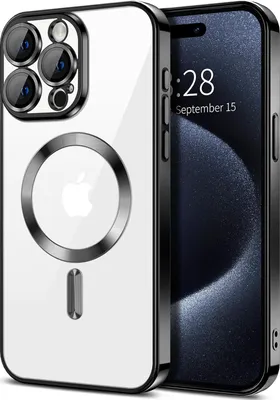 Obrázek produktu pro Magnetické čiré pouzdro pro iPhone 15 Pro Max, kompatibilní s MagSafe, galvanicky pokovené ochranné pouzdro s ochranou fotoaparátu Černý
