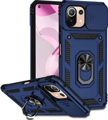 Image de Xiaomi Mi 11 Lite 5G étui double couche avec couvercle coulissant pour l'appareil photo et anneau de support bleu