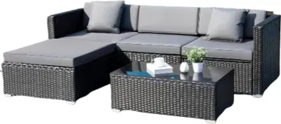 Immagine prodotto di Set di mobili da giardino in poly rattan per 4 persone - Set da giardino da 5 pezzi con divano angolare, tavolino e cuscini - Resistente alle intemperie - Nero