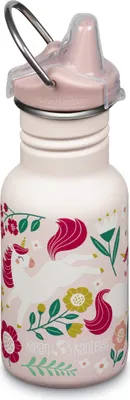 A close-up studio shot of a children's sippy cup with a unicorn and floral design.