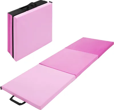 A folded and unfolded pink gymnastics mat on a white background.