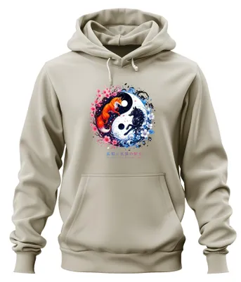 Productafbeelding van "The Pact Of Kitsune And Hyoro" hoodie, geïnspireerd op de Yin Yang mythologie, natuurmotief, maat 3XL