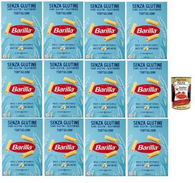 Produktbild von Barilla Glutenfrei Tortiglioni – 12 x 400 g (4,8 kg) | Mais & Reis, vegan & laktosefrei, al dente in 10 Min., italienische Pasta Vorratspack + Italian Gourmet polpa