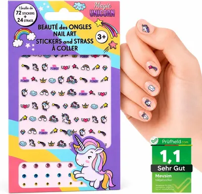 Produktbild von Unicorn Nagelsticker Set – 72 Sticker + 24 Steinchen – Offiziell Lizenziert