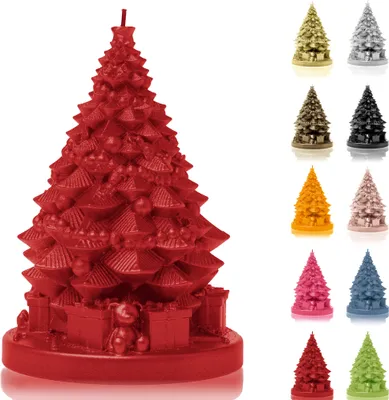 Produktbild von Candellana Kerze Weihnachtsbaum mit Geschenken | Höhe: 16 cm | Rot | Brennzeit 35h | Weihnachten | Handgefertigt in der EU