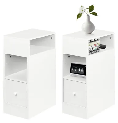 Obrázek produktu pro Noční stolek, úzký, 2 kusy, s 1 zásuvkou, přistavovací stolek, noční osvětlení, teplá bílá barva, rozměry 25 x 30 x 66 cm