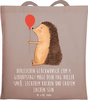 Produktbild von Mr. & Mrs. Panda Tote Bag 4. Geburtstag - Braun Pastell - Geschenk, Meilenstein, feiern, Laptoptasche, Jutebeutel, Geburtstagsfeier, Kindergeburtstag, Tasche, Unitasche