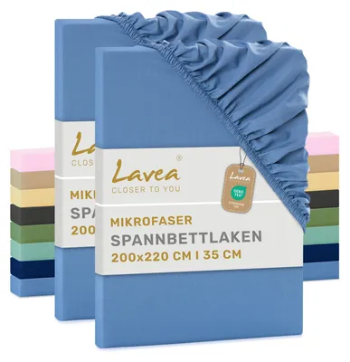 Produktbild von Lavea® Spannbettlaken 200x220 cm aus Mikrofaser, Bettlaken mit Rundumgummi, für Matratzen bis 35 cm, atmungsaktiv und kühlend, pflegeleicht, Spannbetttücher, 2er Set, Himmelblau