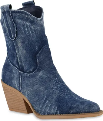 Produktbild von VAN HILL Damen Cowboy Boots Stiefeletten Spitze Denim Stickereien Schuhe 840975, Farbe: Dunkelblau Denim, Größe: 39