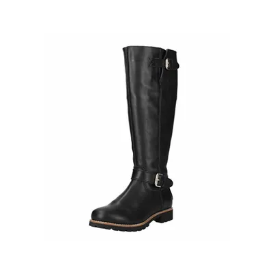 A black leather boot on a white background.