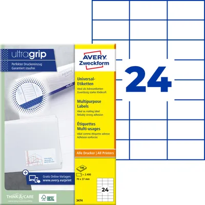 Produktbild von Avery Zweckform 3474, Universal-Etiketten, A4, Qualitätsdruck mit: ultragrip, 70 x 37 mm, 2.400 Etiketten / 100 Bögen, weiß