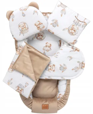 Produktbild von Jukki - Babynest Set 5-teilig Comfort 100x55 cm mit Matratze, Decke & Kissen – Boho Bears & Cappuccino Soft Velvet