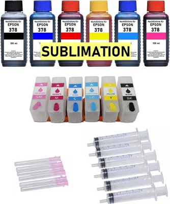 Produktbild von Wiederbefüllbare Tintenpatronen kompatibel mit Epson 378 XL + 6 x 100 ml Sublimationstinte für Expression Photo XP-8000 8005 8500 8505 8600 8605 8700