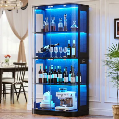 Obrázek produktu pro Velká kulatá vitrína na podstavci s tříbarevným osvětlením a pohybovými senzory, rozměry 170 × 80 cm, skleněné dveře, dvě akrylové boční dvířka a čtyři police