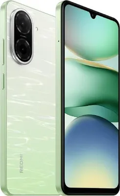 A light green smartphone is shown from two angles, one showing the back with the camera array and the other showing the front screen.